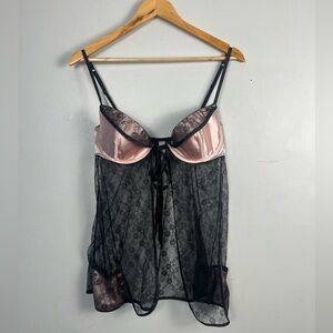 Victorias Secret Pink Satin And Black Lace Pocket Top tie front size 36D